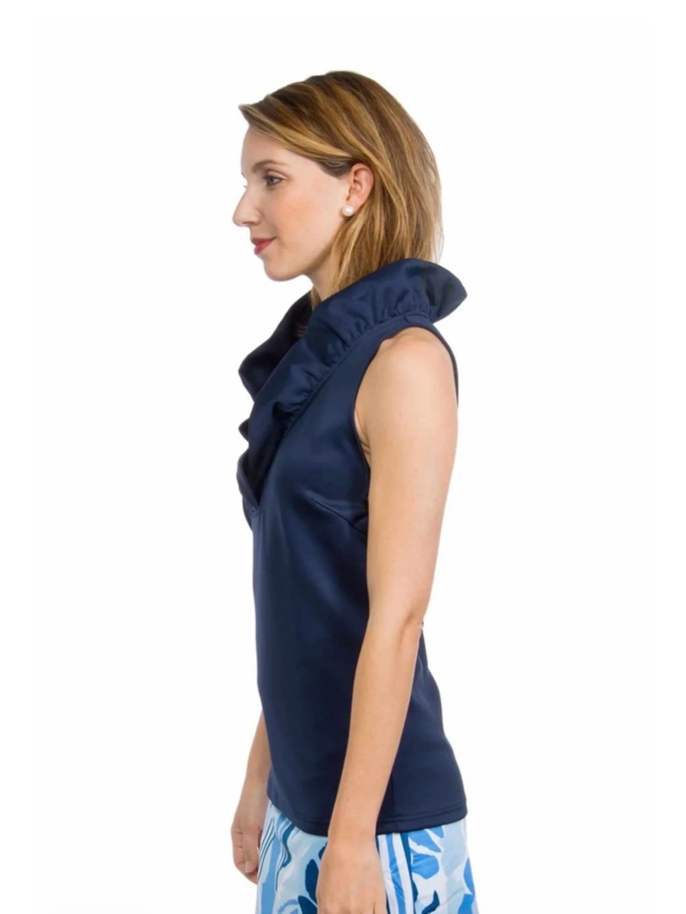NWT Gretchen Scott Sleeveless Jersey Ruffle Collar Shirt - Navy